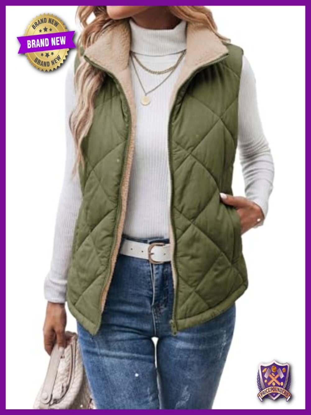 Quilted Puffer Vest Stand Collar Zip Up Sherpa Fleece Sleeveless Jacket